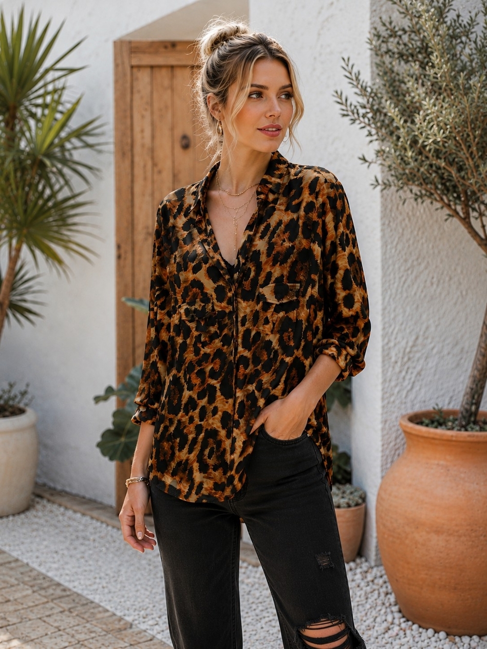 d.n.a Couture 2X Leopard Animal Print Button Front Stretch Blouse